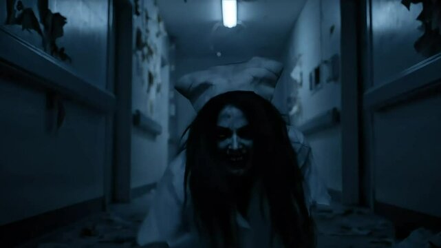 cinematic video of a scary ghost nurse in an old abandoned hospital