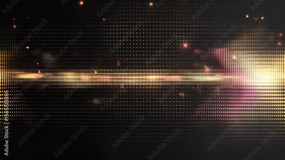 Poster abstract digital sound wave art against a dark background featuring a grid pattern and colorful audi