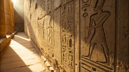 Ancient Egyptian Hieroglyphs Carved on Weathered Stone Wall With Dramatic Light and Texture