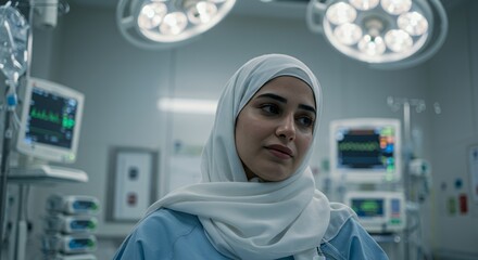 Thoughtful female doctor in hijab contemplates in a modern hospital operating room, surrounded by medical equipment.