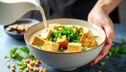 Vendor Pouring Savory Soy Milk into Bowl. Chinese Street Food Shot