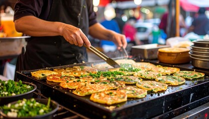 Obraz premium Frying Savory Scallion Pancakes at Stall. Chinese Street Food Shot