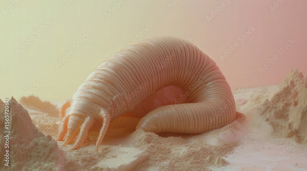 Poster detailed image of a segmented, pale creature resting on a sandy surface.