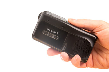 Audio recorder with microcassette. device for working with voice and journalism. analog audio recording.