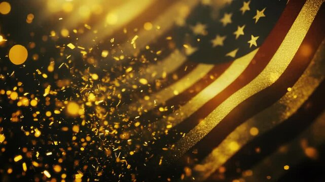 American flag shimmering in golden sparkles over a fireworks display, creating an atmosphere of celebration and patriotism.