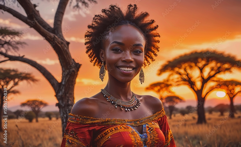 Poster woman with dreadlocks and a necklace is smiling in front of a tree. the scene is set in a field with