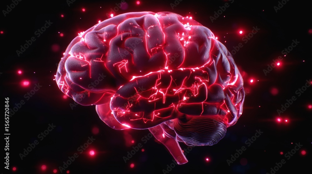 Poster 3d animation of the human brain on dark background with neon effects and particles