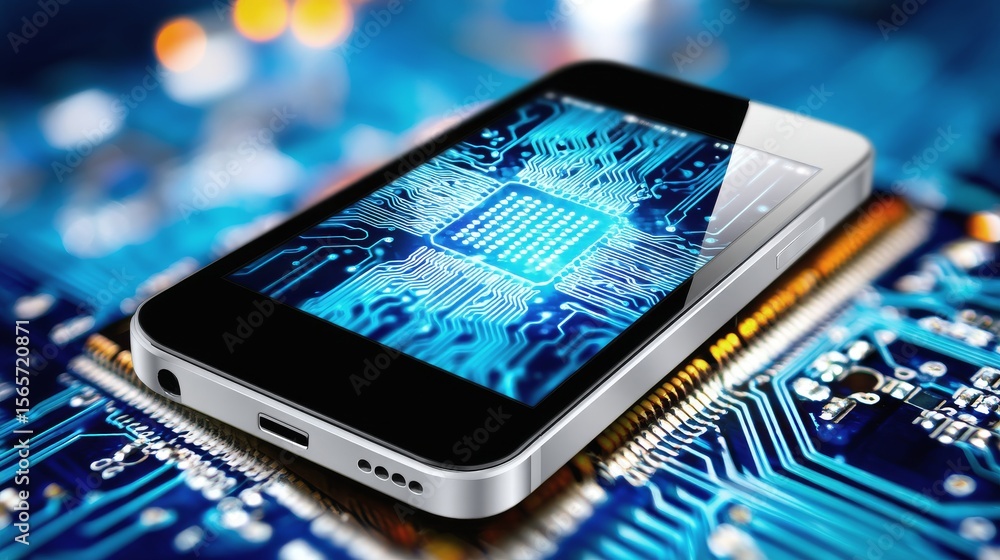 Poster close-up of a smartphone displaying a circuit board design on a blue background