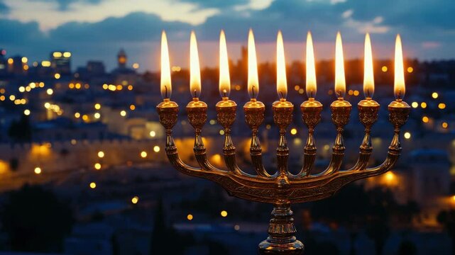 A lit menorah at sunset, with city lights in the background. Hanukkah celebration symbol.