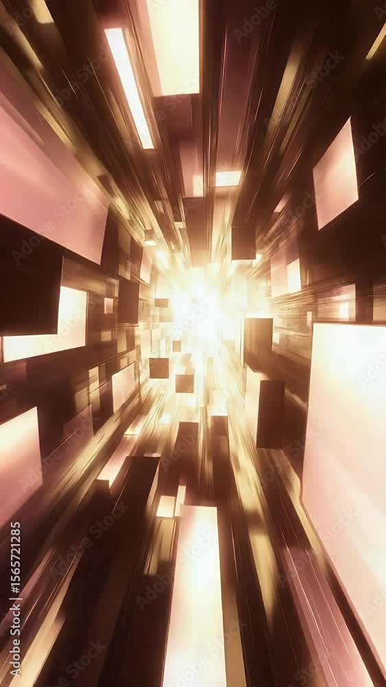 Poster abstract perspective of illuminated rectangular shapes floating in a tunnel toward a bright central 