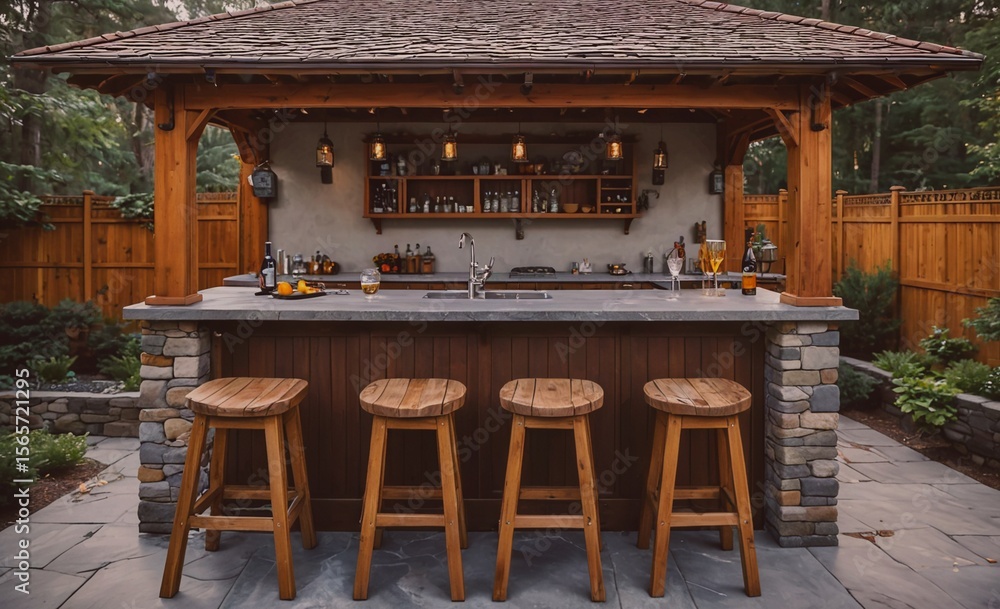 Poster patio bar with four wooden stools and a counter. the bar is made of wood and has a stone countertop.