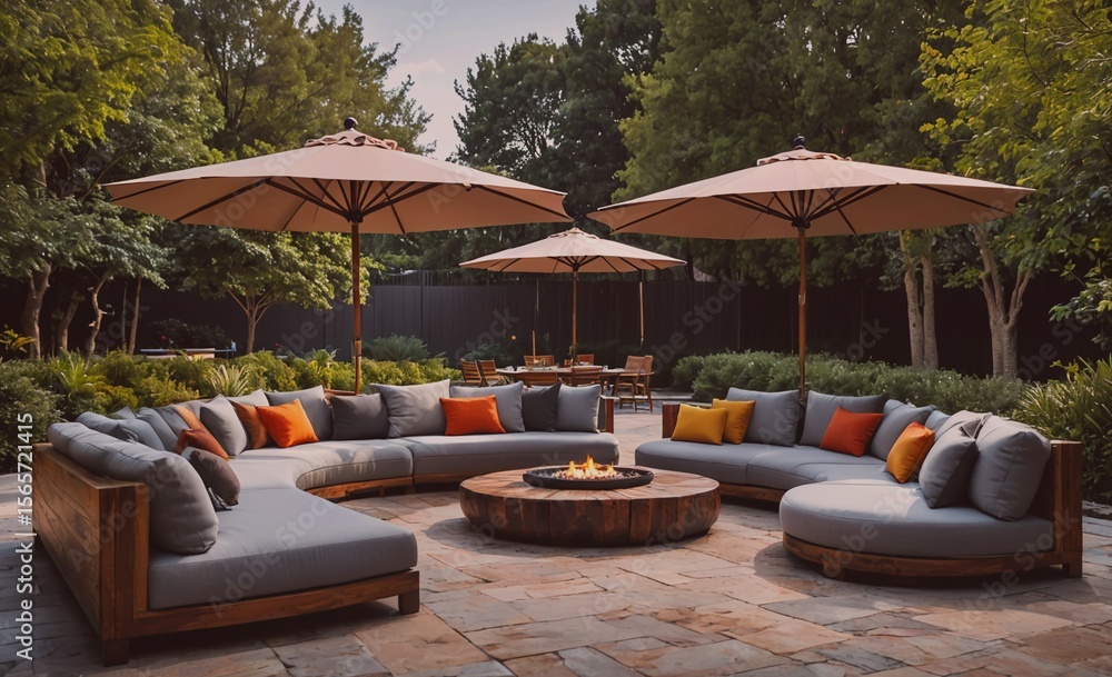 Poster patio with a fire pit and several umbrellas. the umbrellas are of different sizes and are spread out