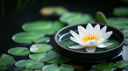 The water supports a bowl containing a white lotus flower, with a backdrop of lily pads and various other flowers