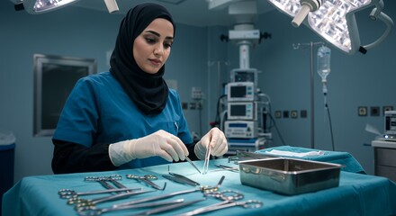 Focused surgeon in hijab meticulously prepares surgical instruments on a sterile operating table, showcasing dedication and precision in a modern