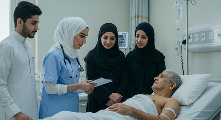 Compassionate female doctors in hijab discuss a patient's health with his family in a hospital room, showing care and support.