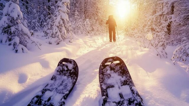 Cross-country skier tracks in snow at sunrise on winter trail.