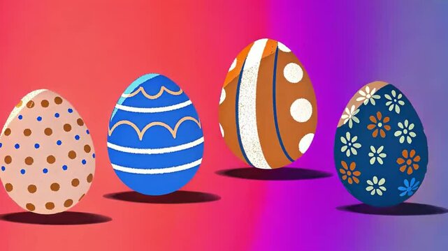 Decorated Easter eggs in a row against a vibrant gradient background. Retro sunburst animated background looping 4k video. - Powered by Adobe