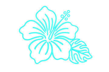 Obraz premium Neon blue hibiscus bloom with monstera leaf glowing against transparent backdrop, highlighting vibrant tropical aesthetic