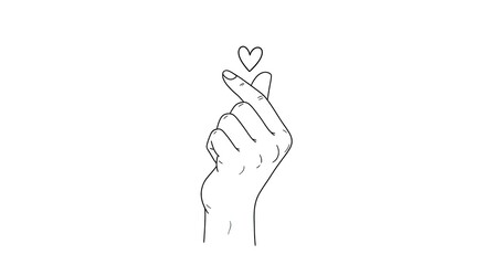 Hand Making Korean Finger Heart Gesture with Small Heart Outline on White Background