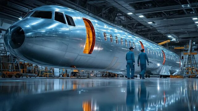 In the hangar, aircraft maintenance professionals examine the fuselage of an aircraft.