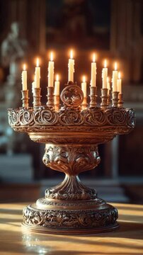 Traditional Jewish candelabra on display, featuring a central shamash and seven branching arms for additional candles. The design is intricate with floral and scrollwork details.