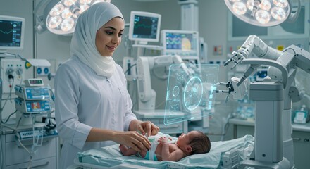 Gentle Care in a High-Tech Nursery: A Muslim doctor lovingly attends to a newborn baby in a futuristic hospital setting.
