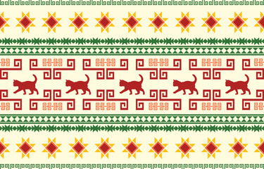 Vector seamless pattern with cat silhouettes and tribal geometric motifs. Monochrome design. Use this pattern for creating pet themed designs, textile prints, packaging, and more. Perfect for cat love