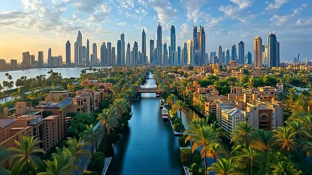 Panoramic view of a modern city with canals and lush greenery