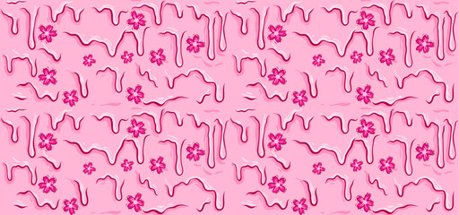 vector melted seamless pattern with pink flowers. cartoon Melted background and sakura. Sweet slime background. Zombie background