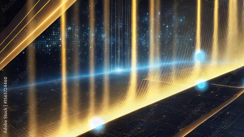 Poster abstract digital space visualization with golden lights and dots. futuristic technology background w