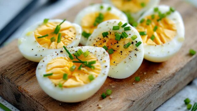 Deviled hard boiled eggs with a mix of garlic, herbs, and pepper on top.
