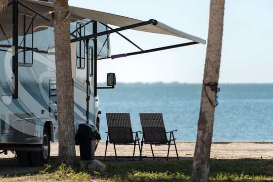 Motorhome on seaside parking lot in Florida. USA travel destination.