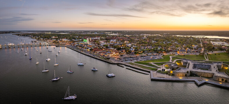 Old town America architecture. Aerial view of St Augustine city in Florida at sunset