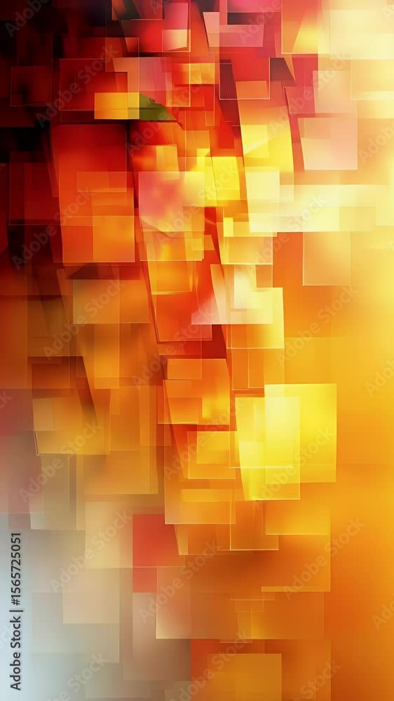 Poster abstract geometric composition featuring layered squares in warm tones of orange yellow and red with