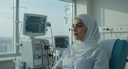 A young woman in a headscarf sits pensively in a hospital room, surrounded by medical equipment.