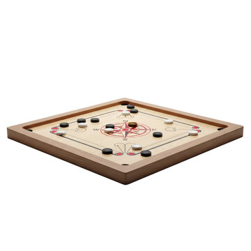 A traditional carrom board game set with black and white pieces and a red striker, ready for a match. Perfect for family game nights or cultural themes.