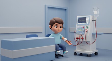 Young boy patiently sits connected to a medical dialysis machine in a clean, modern hospital room.