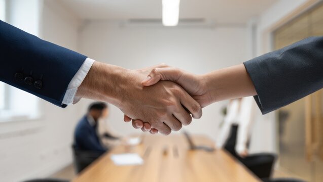 Business handshake signifies partnership and trust in a meeting