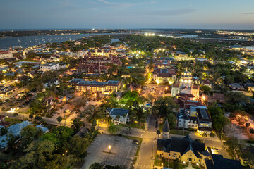 St. Augustine, Florida. American architecture with illuminated city streets and historical buildings at night. USA travel destination