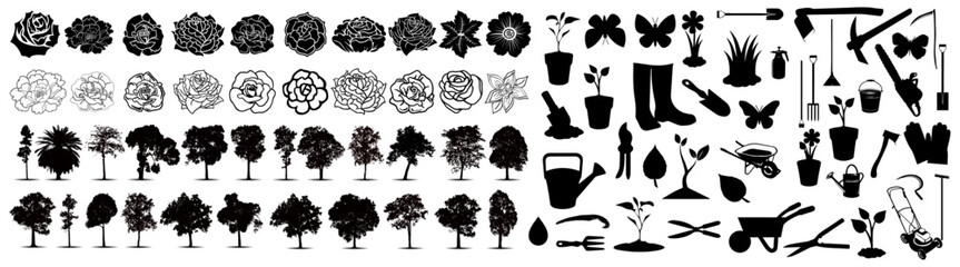 Garden Elements Silhouettes Pack: A collection of detailed silhouette illustrations featuring an array of garden elements. Including tree, flower, equipment, and tool
