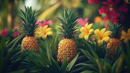 Obraz premium An artistic inspired depiction of composition of pineapple plants with tropical flowers in the background