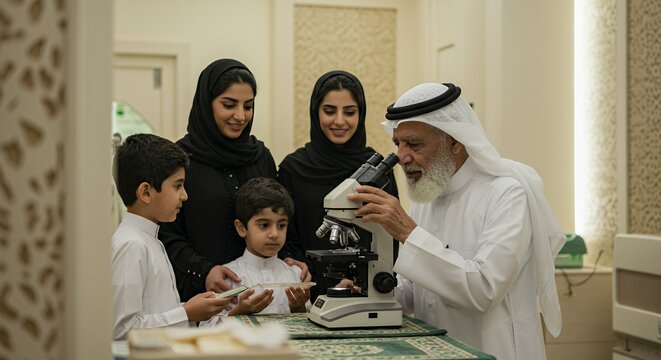A family gathers around a microscope, guided by an elder, sharing a moment of scientific curiosity and intergenerational learning.