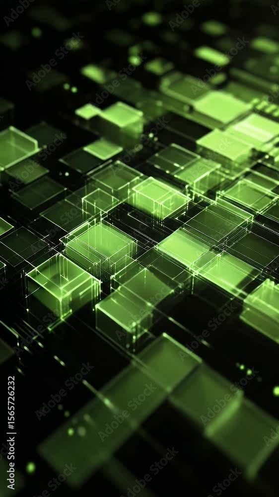 Poster abstract digital background of green glowing blocks on a dark surface futuristic technology concept 