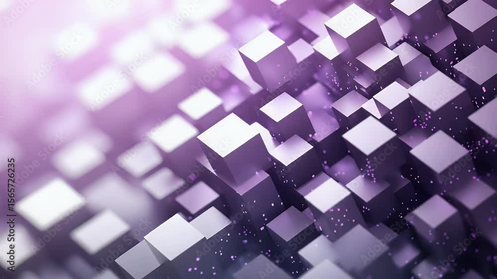 Poster abstract purple cubes rising in a gradient background with particles and a blur effect suggesting de