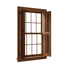 Obraz premium Traditional wooden window with open louvered shutters. This architectural element is ideal for home design and renovation projects.