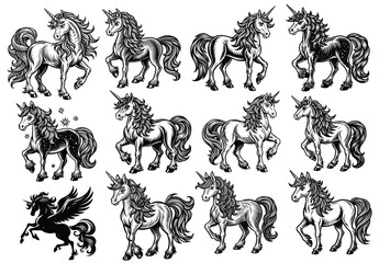 Majestic Unicorn Array: A collection of meticulously crafted unicorn illustrations, showcasing the mythical creature in various poses and artistic styles, from regal to dynamic.
