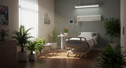 Sunlight streams into a serene hospital room, illuminating potted plants and a neatly made bed, creating a peaceful atmosphere.