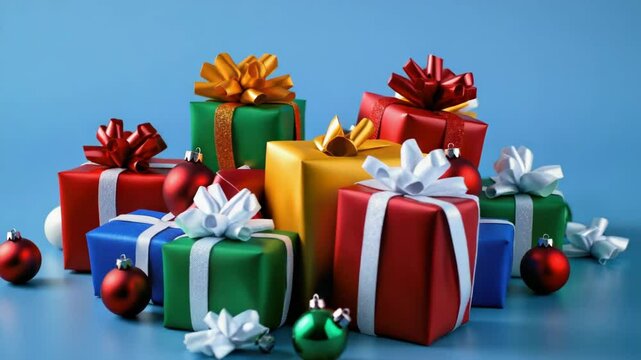 Multi-colored presents with matching bows, arranged on a blue surface for a festive holiday display.