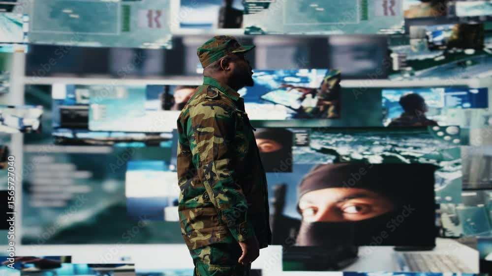 Poster black army officer working in a virtual war zone with digital satellite data, using threat detection
