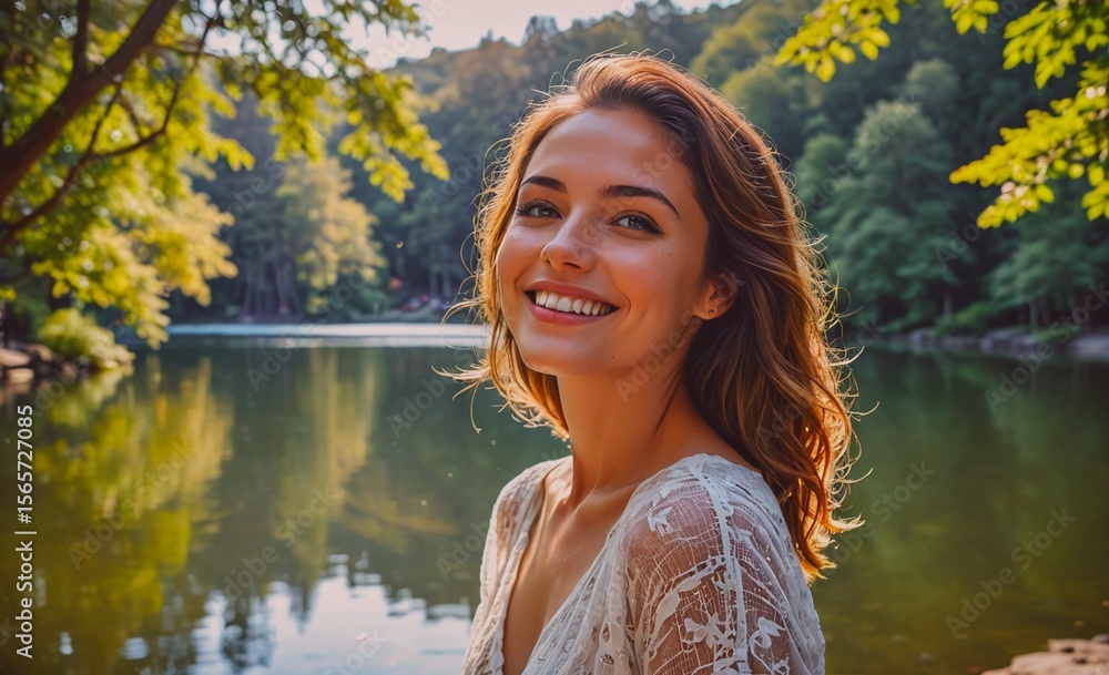 Poster woman is smiling and posing for a picture by a lake. the water is calm and the sun is shining bright